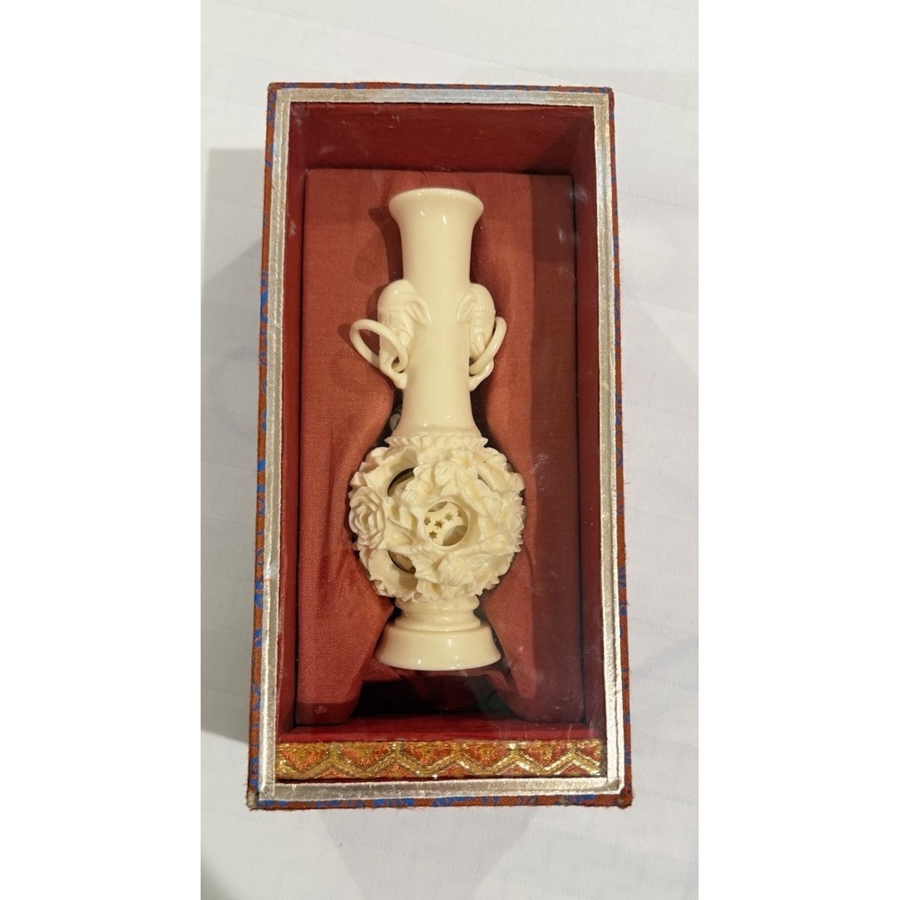 Vintage Intricate Asian Puzzle Ball Bud Vase Elephants Flowers In Box
